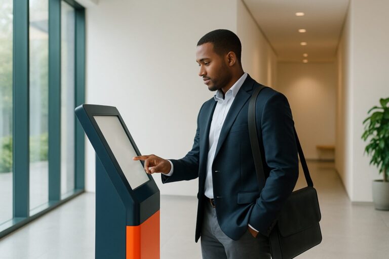 Bezoeker meldt zich aan bij een touchscreen-kiosk in een moderne kantoorentree met blauw en oranje huisstijl