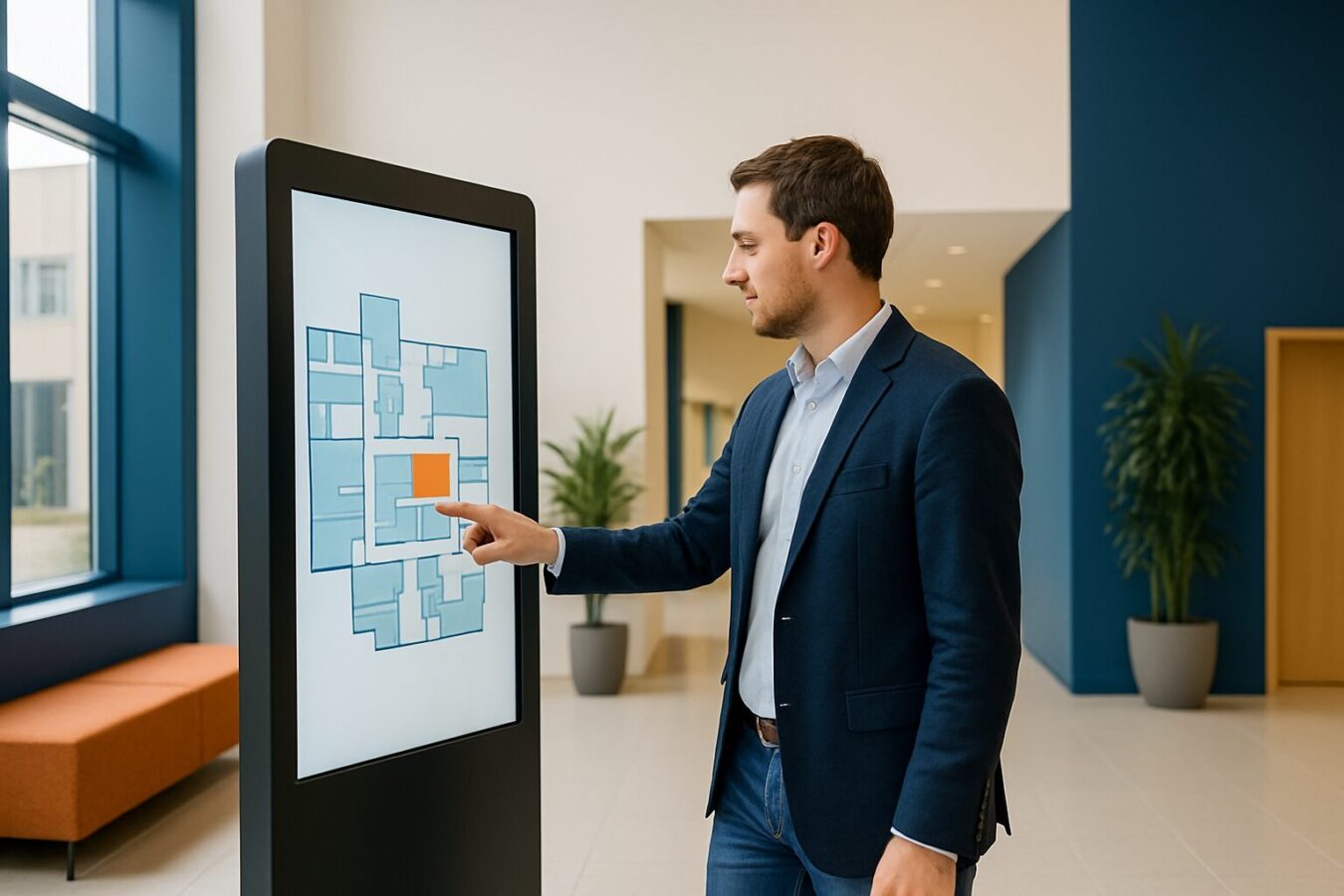 Bezoeker gebruikt een touchscreen-informatiezuil met interactieve plattegrond in de lobby van een modern kantoorgebouw in Nederland