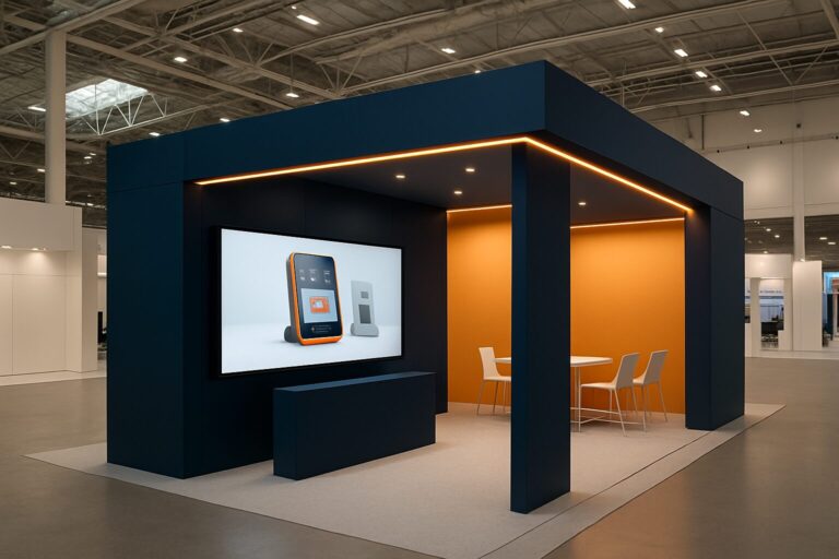 Touchscreen display op een beursstand in een moderne beurshal met blauw en oranje merkkleur