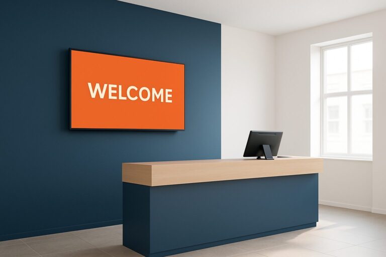Wandgemonteerd receptiedisplay in moderne kantoorentree met welkomstscherm op ooghoogte van staande bezoekers