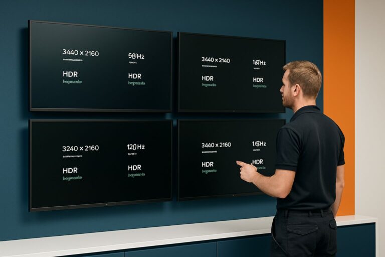 Installateur vergelijkt commercial displays in een moderne showroom met technische specificaties zichtbaar op de schermen