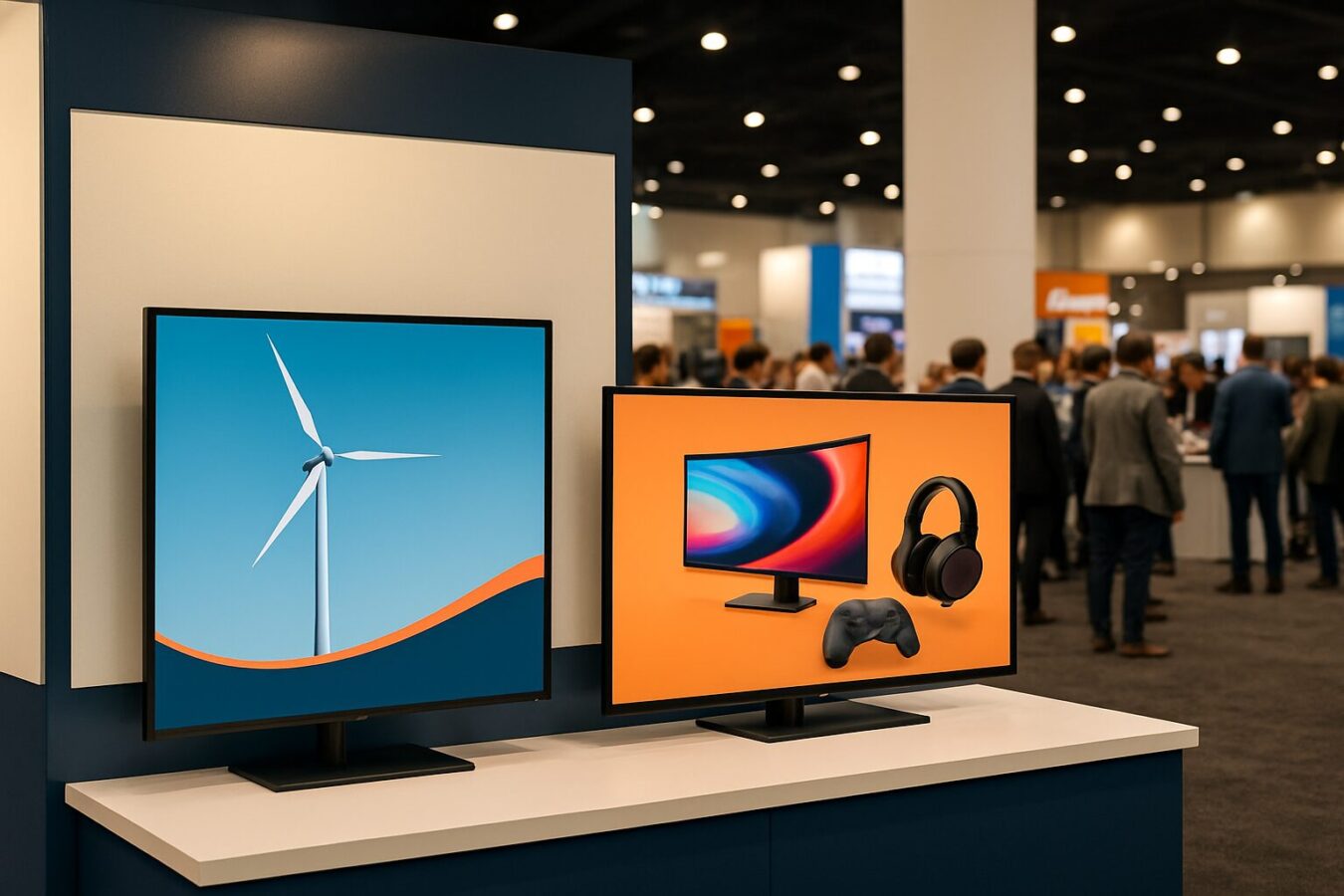 Beursstand met een 43 inch en 55 inch professioneel display in een drukke beurshal, blauwe en oranje merkaccenten