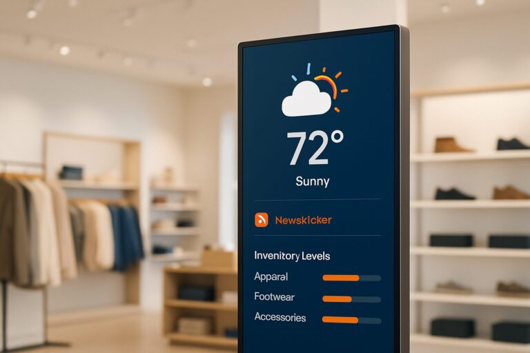 Digital signage display in winkel toont live weerdata, RSS-nieuwsticker en actuele voorraadinformatie op een blauw scherminterface