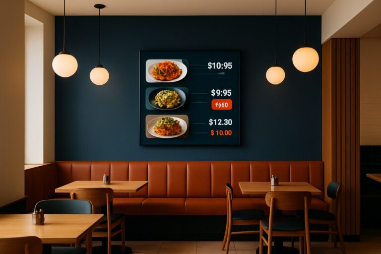 Digitaal menudisplay met dynamische prijsweergave in een modern restaurant interieur met blauwe en oranje accenten