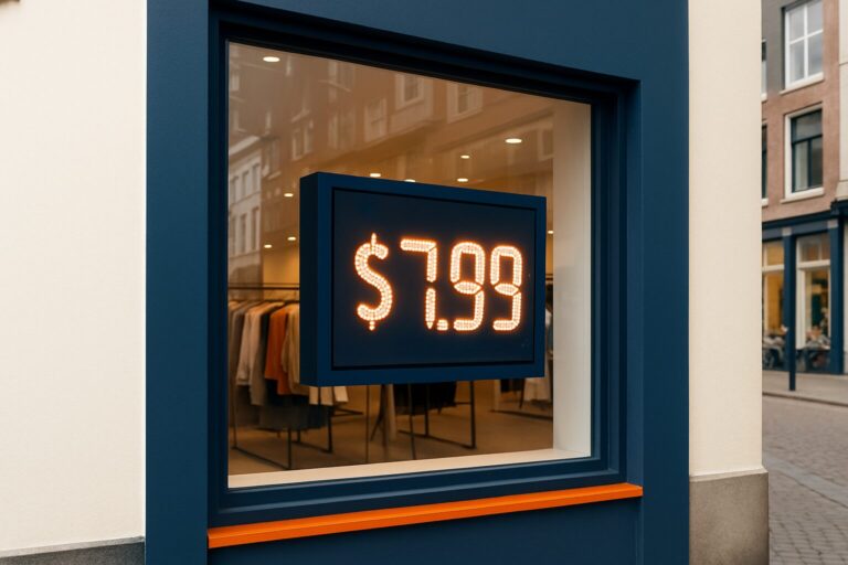 Digitaal winkeldisplay toont dynamische prijzen in een zonnige etalage in een Nederlandse binnenstad