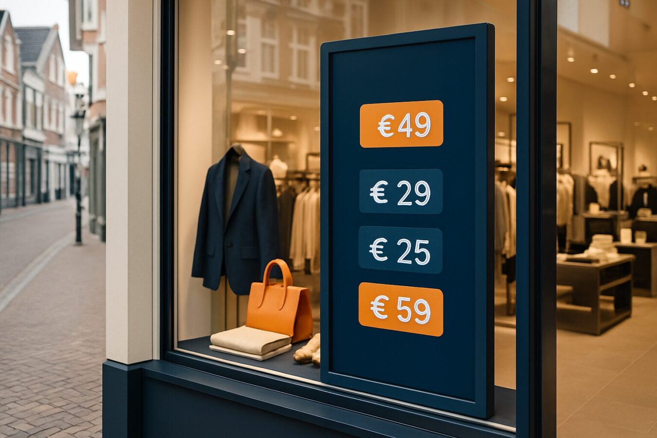 Digitaal etalagescherm in Nederlandse winkel toont dynamische prijzen met oranje en blauwe merkaccenten