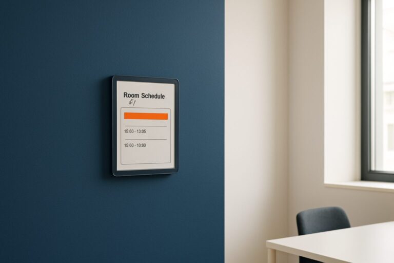 E-ink display naast een vergaderruimte met een digitaal rooster op een diepblauwe wand in een modern kantoor
