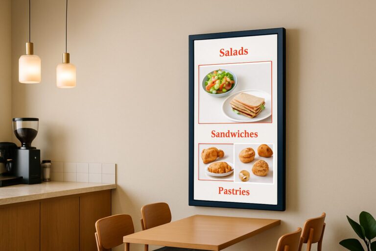 Digitaal menuscherm in een moderne horecazaak met een heldere menukaart op het display, sfeervolle verlichting