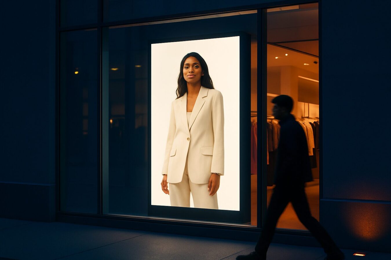 Digitaal etalage display actief buiten openingstijden, zichtbaar voor passanten in de avond via remote CMS-beheer