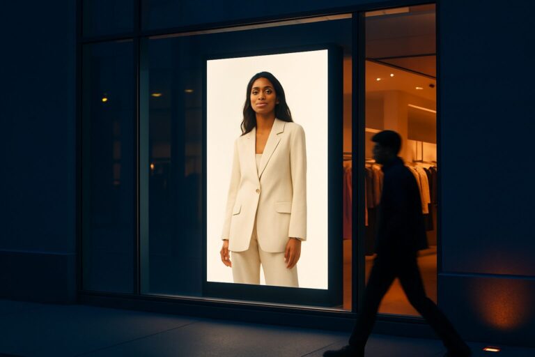 Digitaal etalage display actief buiten openingstijden, zichtbaar voor passanten in de avond via remote CMS-beheer