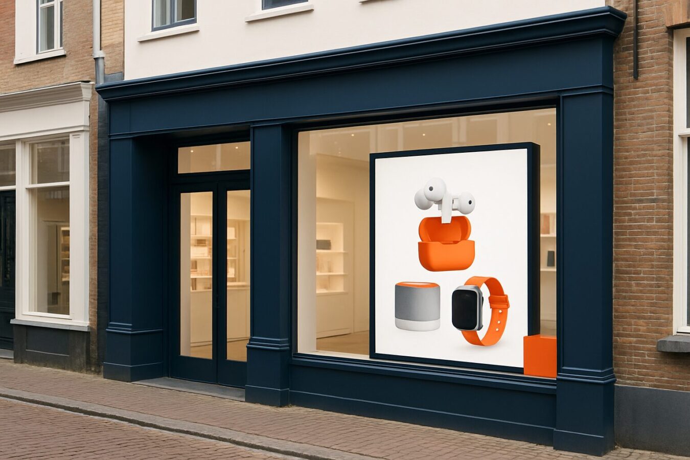 Digitaal etalage-display in een Nederlandse binnenstad winkelstraat met helder scherm zichtbaar door de etalageruit