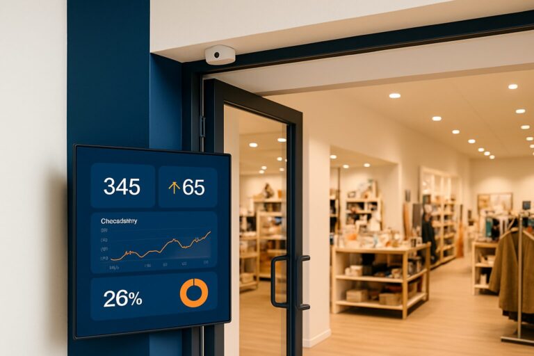 Digitaal display met footfall-analysedata in een moderne winkelentree, sensor zichtbaar aan het plafond