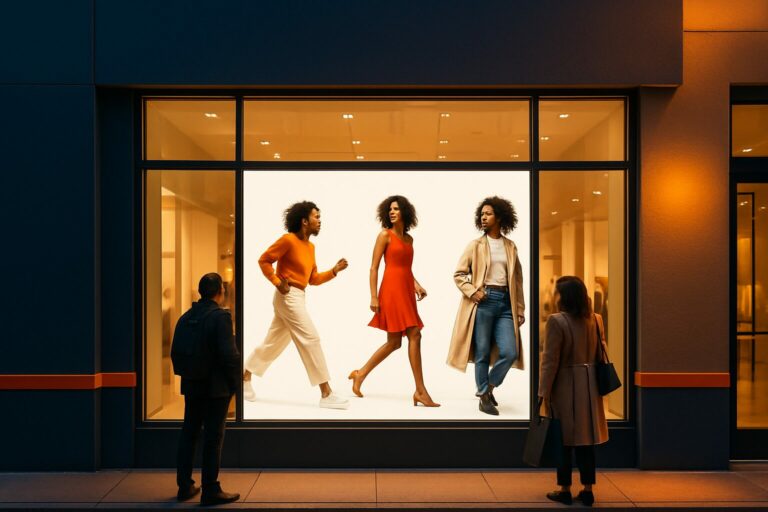 Digitale etalage van een modeketen in een drukke winkelstraat, met bewegend beeld op een groot display dat voorbijgangers aantrekt