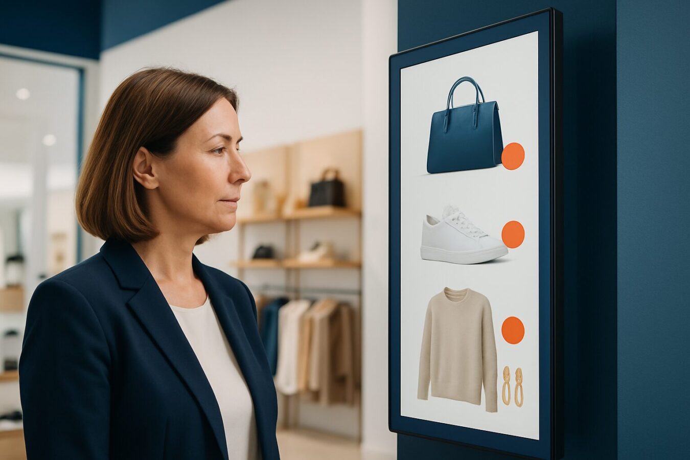Retailmanager bekijkt een professioneel digital signage scherm in een winkel om veelgemaakte fouten te vermijden