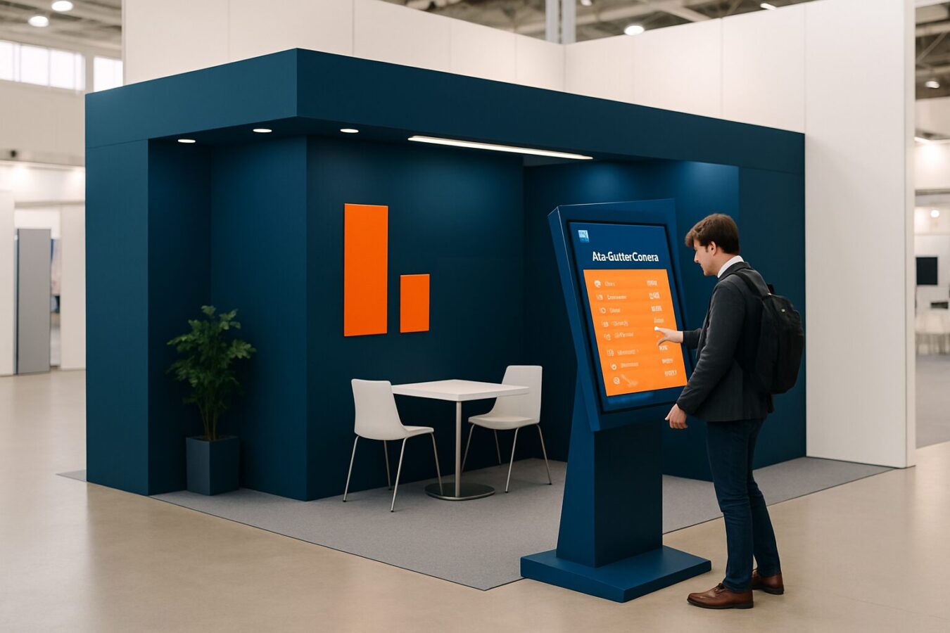 Bezoeker speelt een touchscreen-quiz op een beursstand met digitaal leaderboard in blauw en oranje merkstijl
