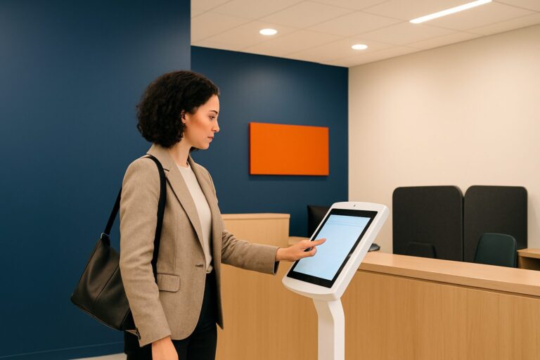 Bezoeker meldt zich aan bij een touchscreen-kiosk in een moderne kantoorontvangsruimte met privacyscherm