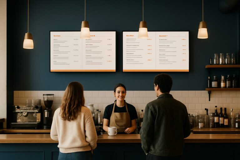Twee digital signage-schermen boven een horecabar tonen een digitaal menu in een modern café-interieur