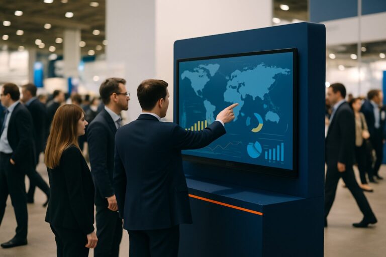 Bezoeker interageert met een groot touchscreen display op een drukke B2B-beursstand met blauwe en oranje merkuitstraling