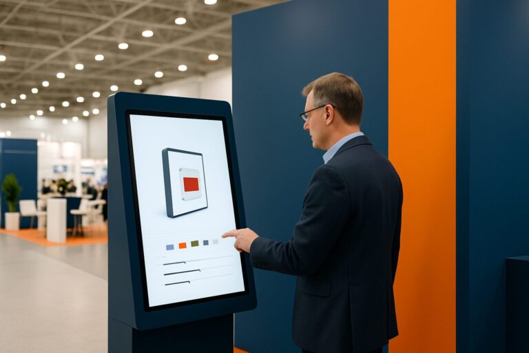 Bezoeker interageert met een touchscreen-kiosk op een beursstand met blauw-oranje merkuitstraling