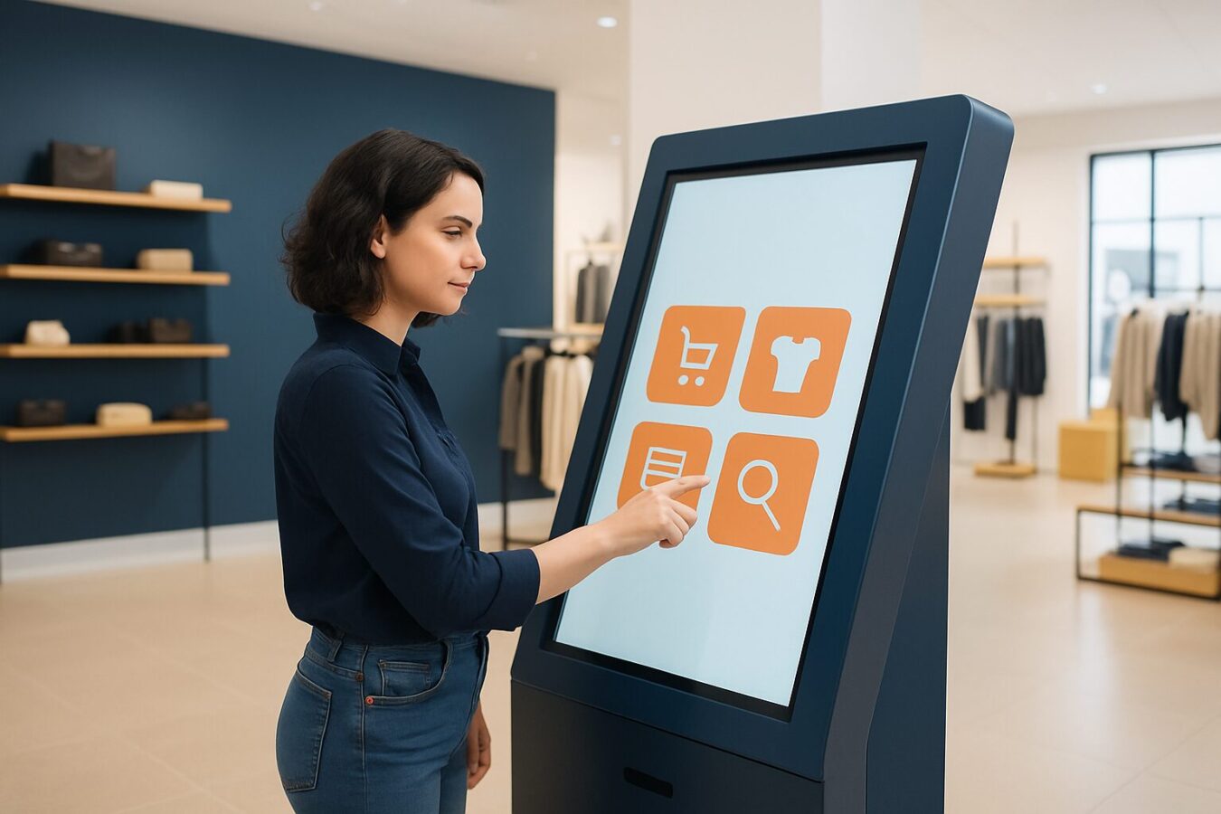 Bezoeker tikt op een touchscreen-informatiezuil in een moderne Nederlandse winkel met interactief display
