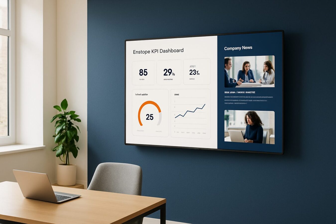 Kantoorscherm met personeelsinformatie en KPI-dashboard in een moderne Nederlandse kantooromgeving