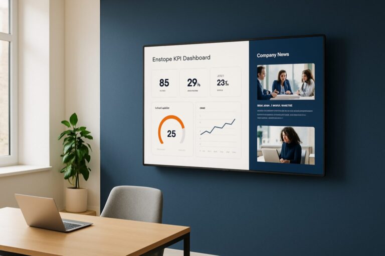 Kantoorscherm met personeelsinformatie en KPI-dashboard in een moderne Nederlandse kantooromgeving