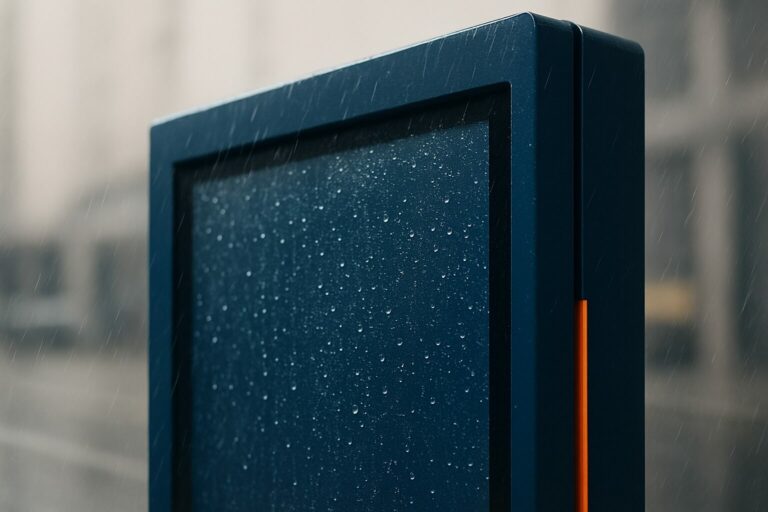 Outdoor digital signage display met IP65-behuizing in de regen, waterdruppels zichtbaar op het scherm en de donkerblauwe behuizing
