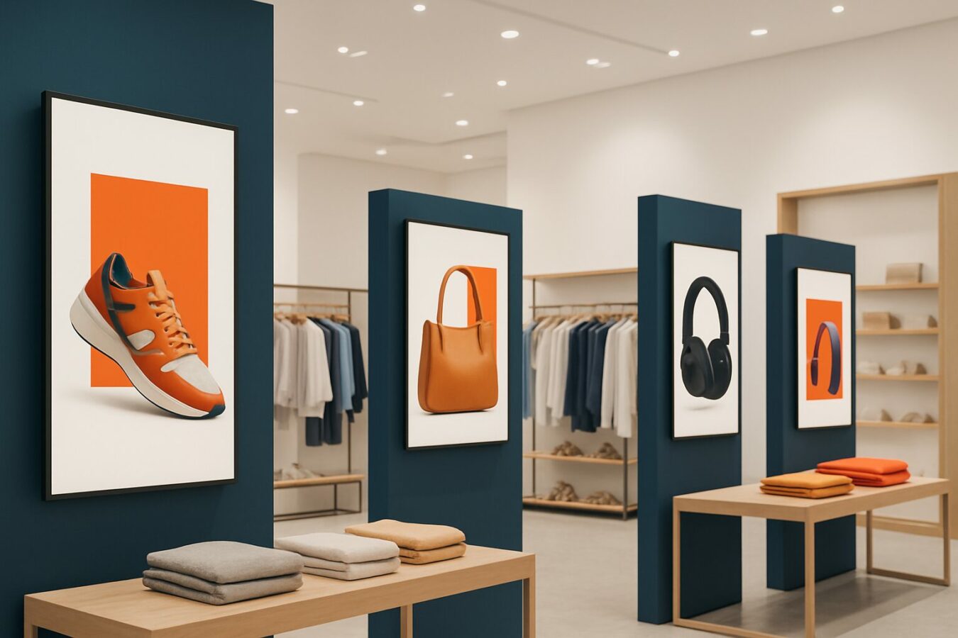Overzicht van digital signage schermen in een moderne retailwinkel met promotionele content op de displays