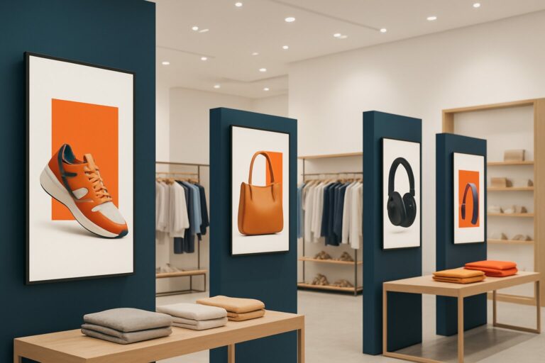 Overzicht van digital signage schermen in een moderne retailwinkel met promotionele content op de displays