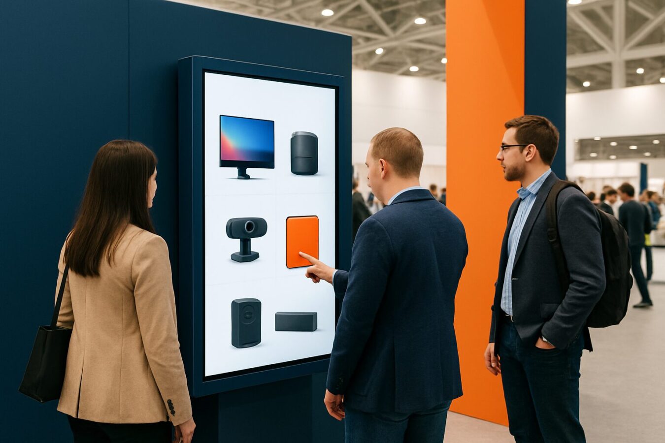 Bezoeker interageert met een touchscreen-kiosk op een beursstand met digital signage in een Nederlandse beurshal