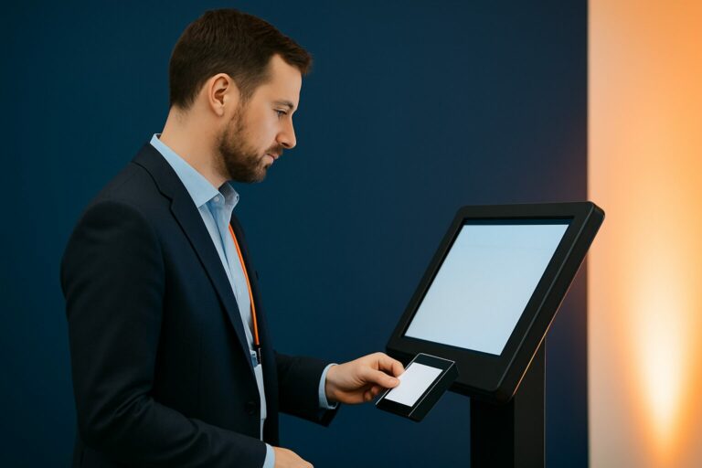 Bezoeker scant zijn badge bij een touchscreen-kiosk op een beursstand voor leadregistratie