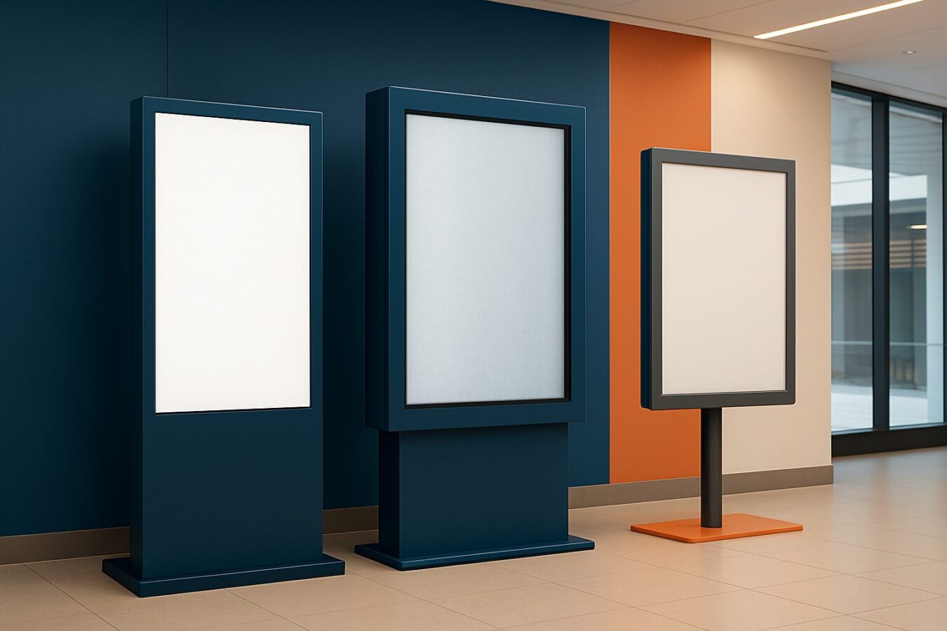 Drie displaytypes naast elkaar: een LCD-kiosk binnen, een outdoor LED-scherm en een e-ink informatiebord in een retailomgeving