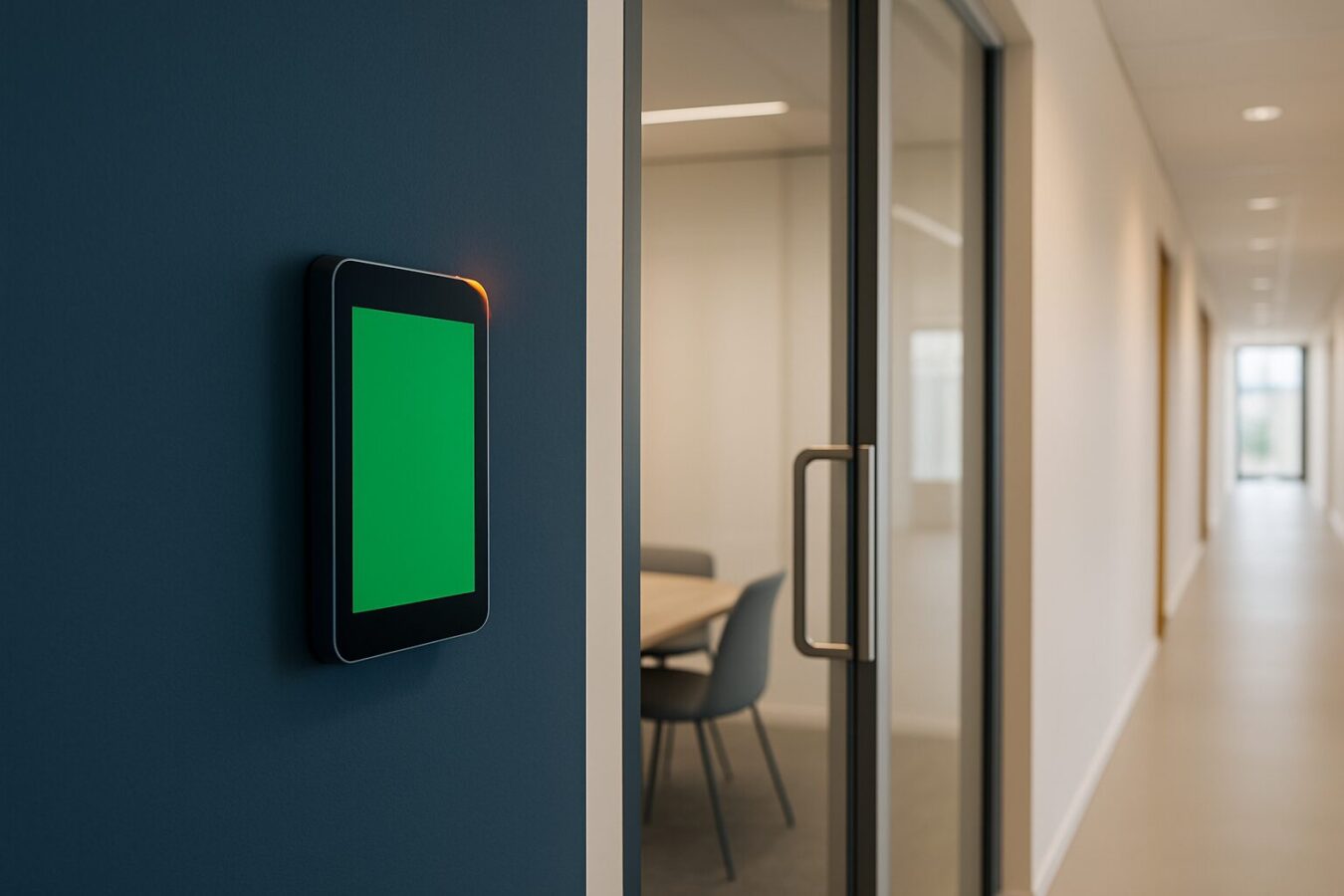 Touchscreen meeting room display naast glazen vergaderzaaldeur met groene beschikbaarheidsindicator in modern kantoor