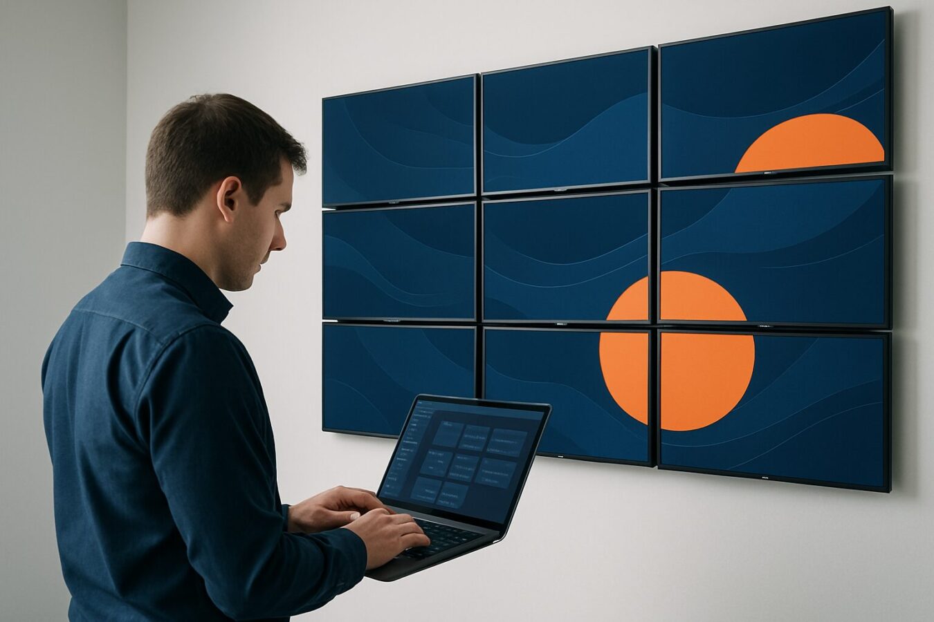 Installateur beheert een netwerk van meerdere digital signage-displays via een centraal dashboard op laptop