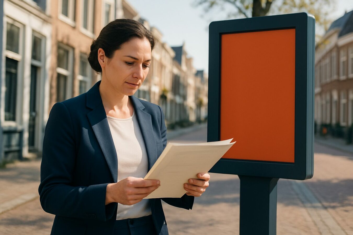 Horecaondernemer bekijkt vergunningsdocumenten naast een outdoor digitaal reclamescherm op een Nederlandse winkelstraat
