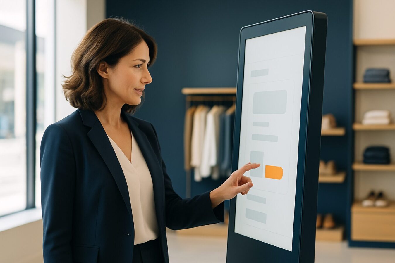 Vrouw van middelbare leeftijd bedient een staande publieke touchscreen-kiosk in een moderne winkelomgeving