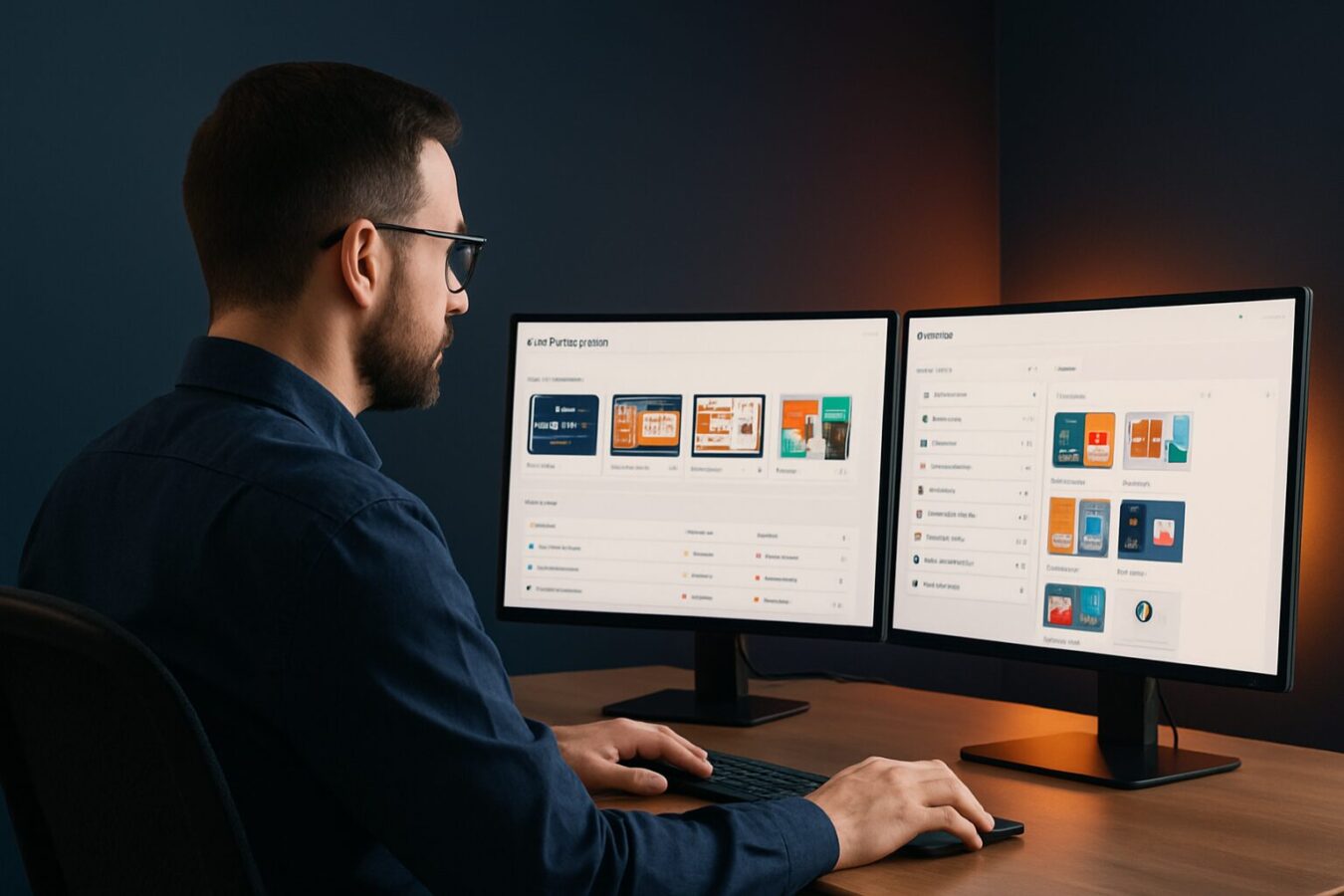 IT-beheerder beheert open-source narrowcasting software op twee schermen in een donkerblauw kantoor