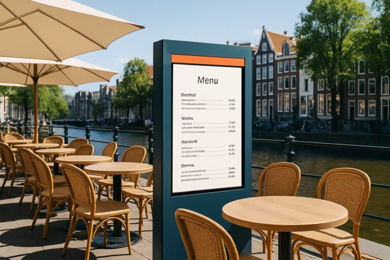 Weerbestendig outdoor display op een zonnig horecaterras in Nederland met digitaal menu zichtbaar in direct zonlicht