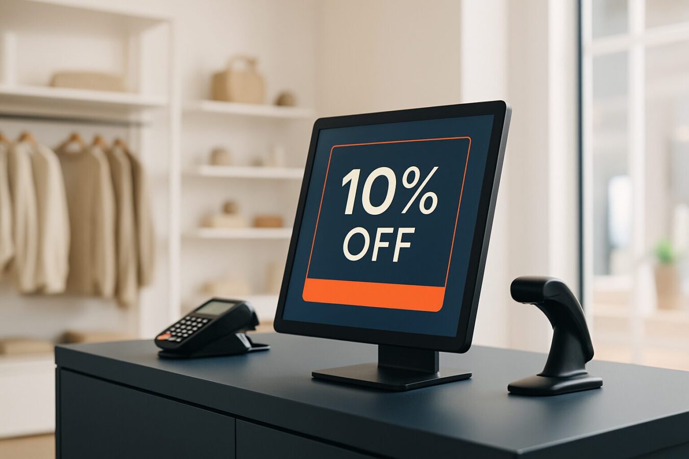 Digitaal POS display bij een moderne kassabalie in een retailwinkel met promotie op het scherm