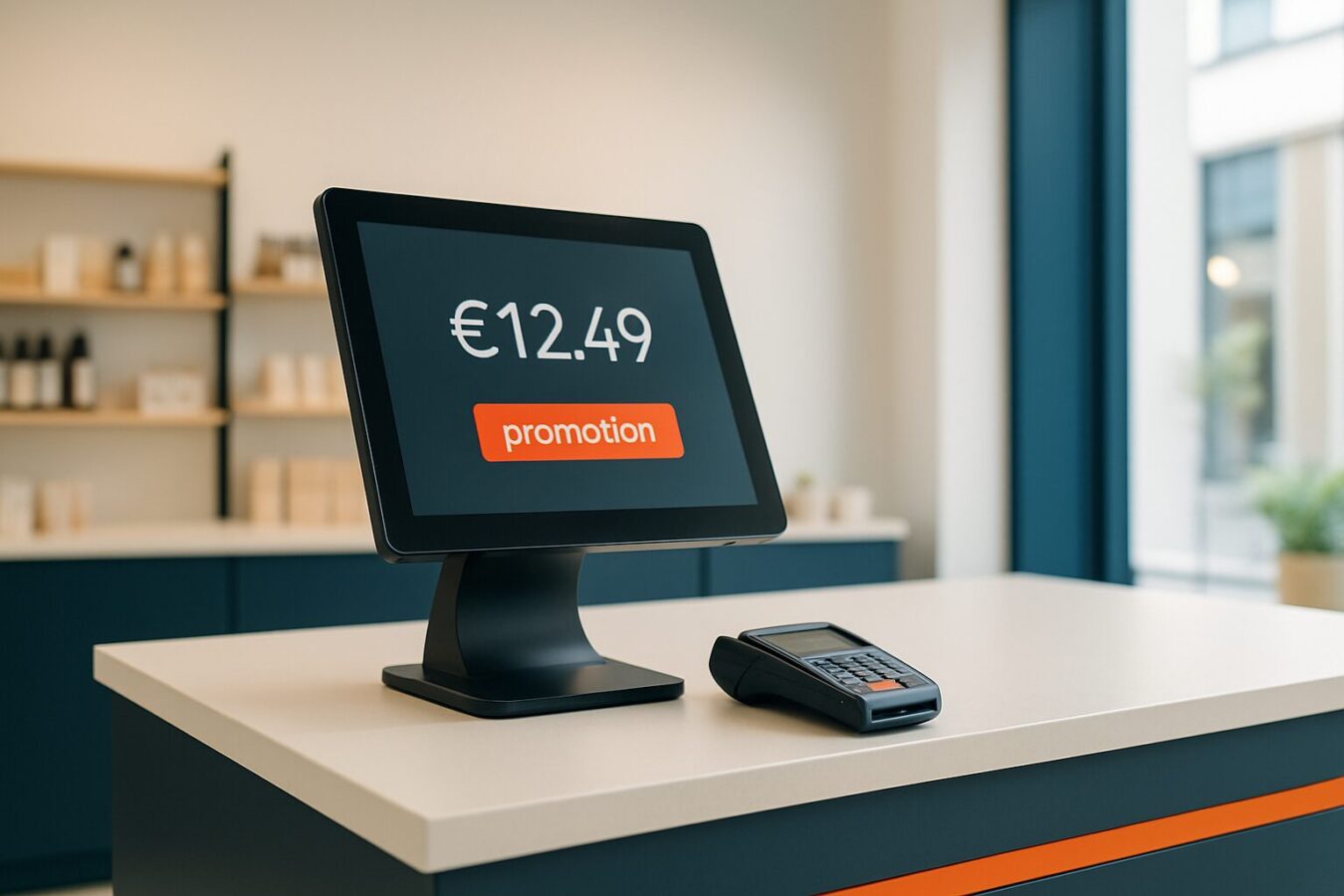 Digitaal POS-display aan een kassabalie in een Nederlandse winkel toont realtime prijsinformatie en promoties op een touchscreen