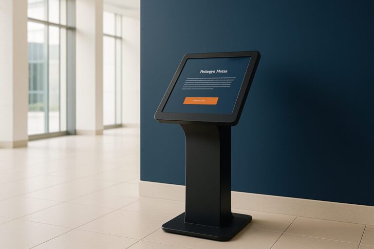Touchscreen informatiezuil in een gemeentehuis met een privacyverklaring zichtbaar op het scherm, moderne entreehal
