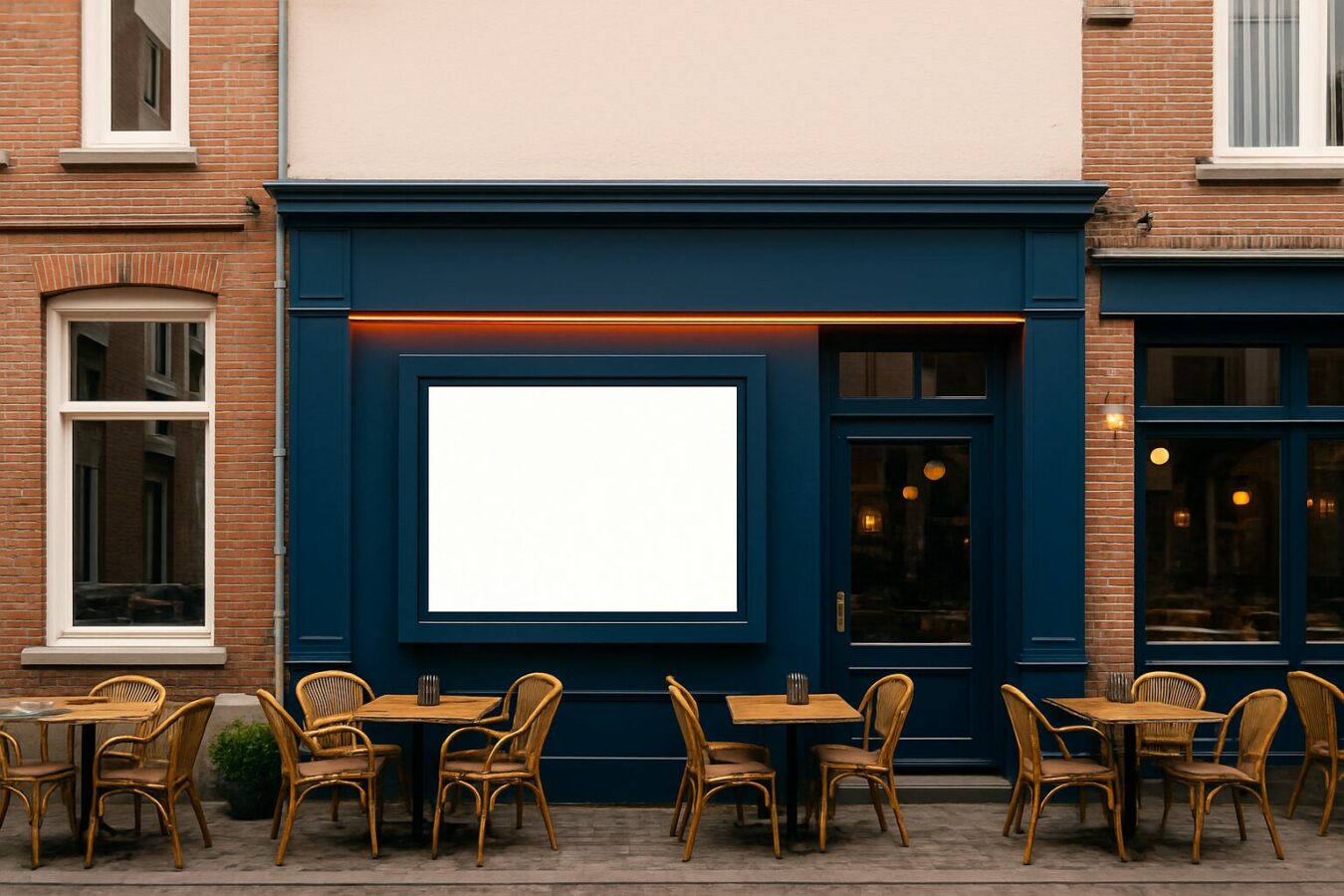 Outdoor digital signage display op de gevel van een Nederlands café, zichtbaar vanaf de straat in een stedelijke omgeving