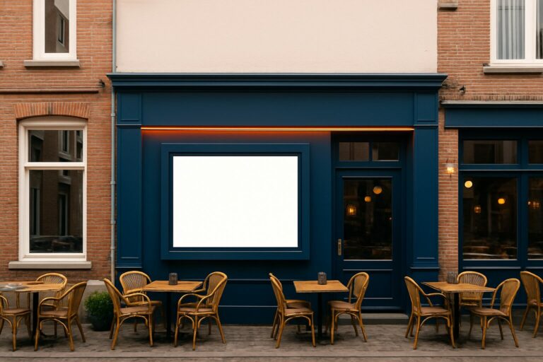 Outdoor digital signage display op de gevel van een Nederlands café, zichtbaar vanaf de straat in een stedelijke omgeving