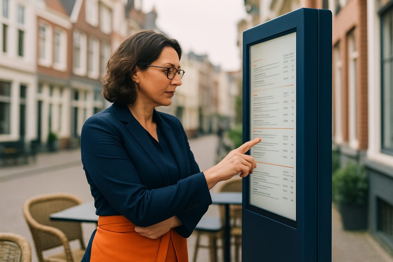 Restauranteigenaar bekijkt een digitaal outdoor reclamescherm op haar terras in een Nederlandse binnenstad