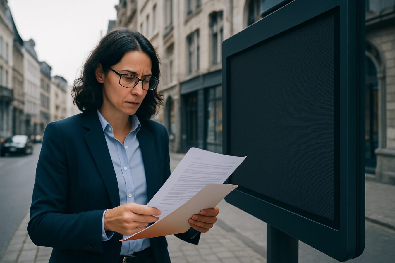 Compliance medewerker bestudeert vergunningsdocumenten naast een digitaal reclamescherm op een stadsstraat in België