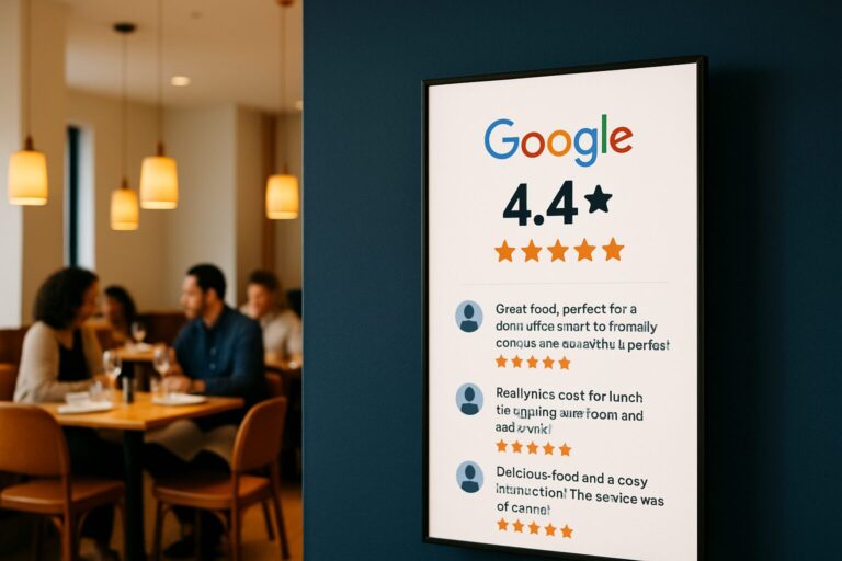 Digitaal scherm in een restaurant toont live Google-reviews en klantbeoordelingen naast het dagmenu