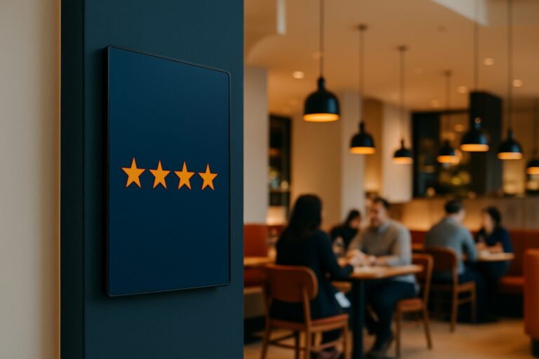 Digitaal display bij restaurantingang toont live Google-reviews met sterrenscore in een moderne horecazaak