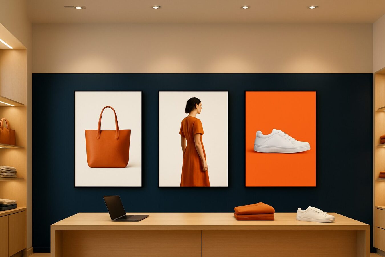 Digitale reclameschermen in een moderne winkel tonen productpromoties als onderdeel van een digital signage opstelling