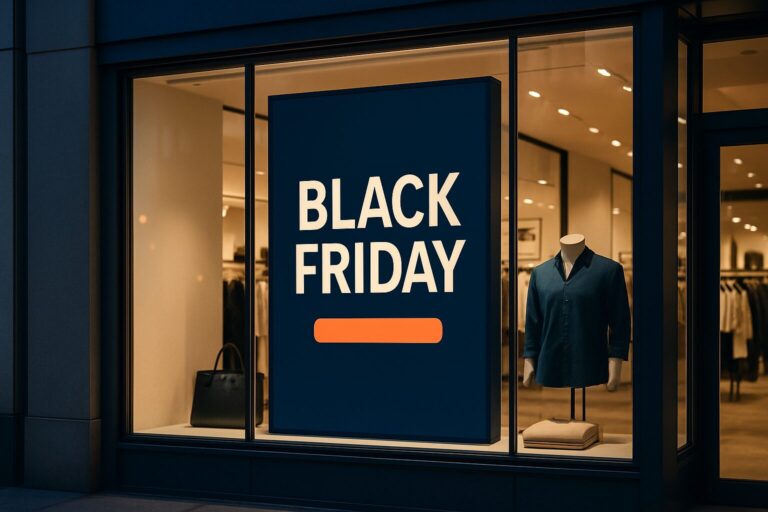 Digitaal etalagescherm toont een Black Friday-campagne in een moderne winkelstraat tijdens de avondschemering