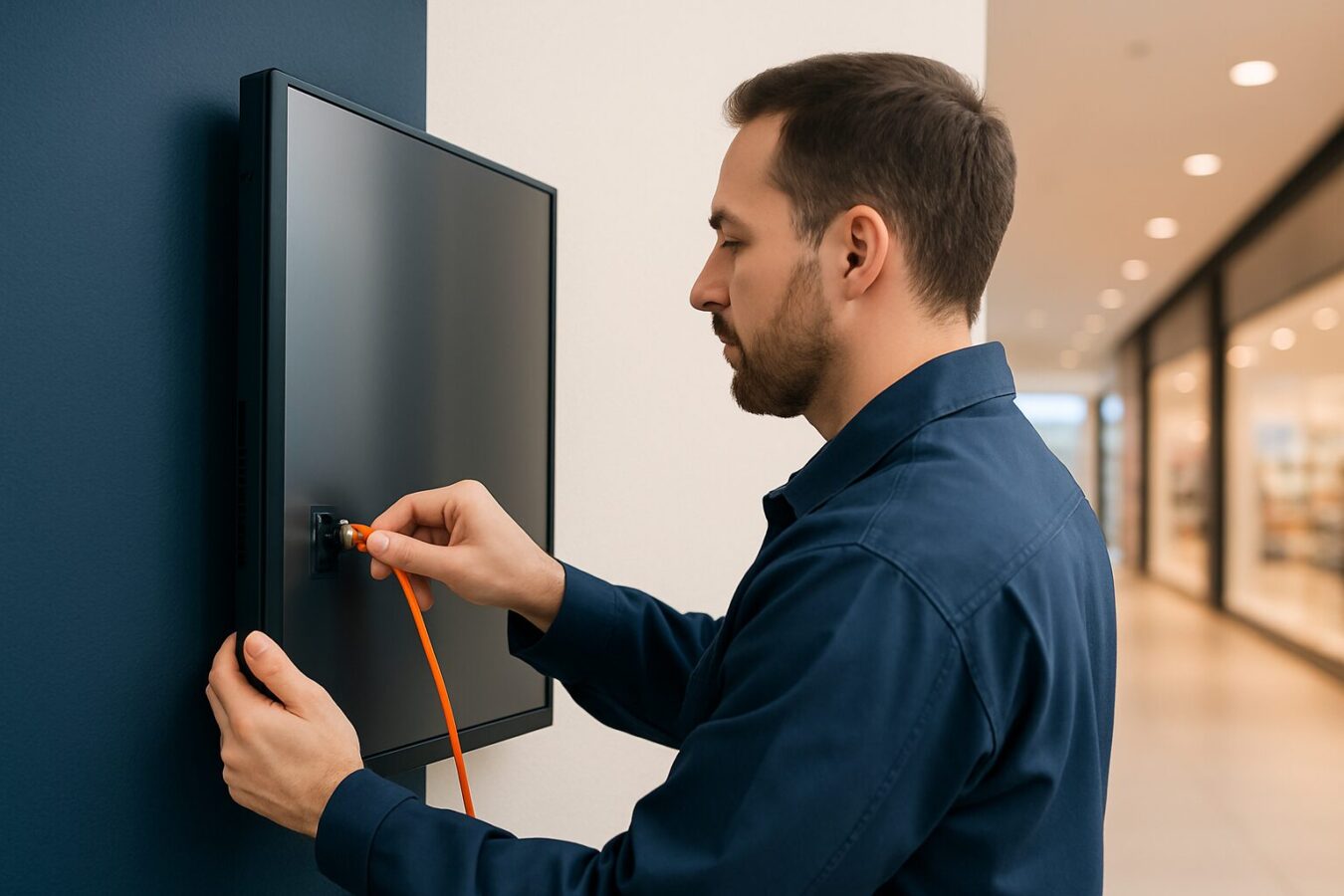Installateur sluit een ethernetkabel aan op een commercieel digital signage-scherm in een moderne retailomgeving